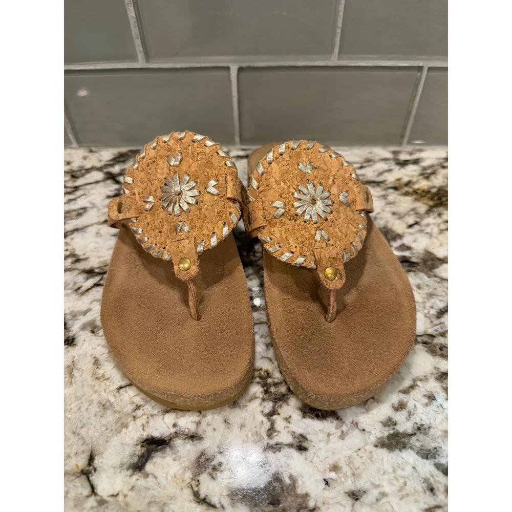 Jack Rogers Youth Girls Cork Silver Whipstitch Jacks Flat Sandals Size 2